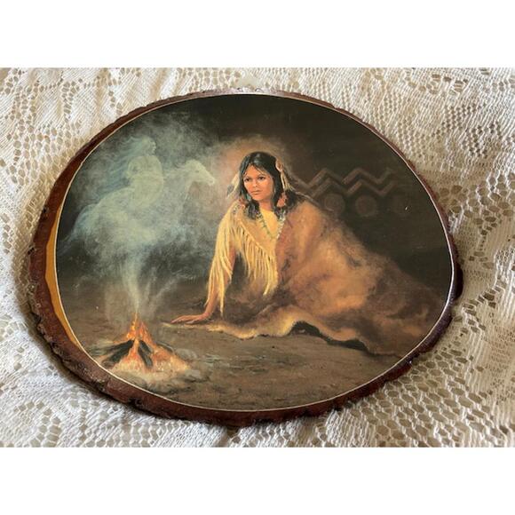 Other - Vintage Native American Woman Art on Wood Slice Wall Hanging